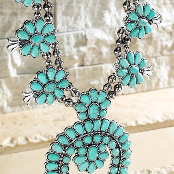 New Full Squash Blossom Natural Turquoise Stone Silver Western Necklace - Picture 5 of 5